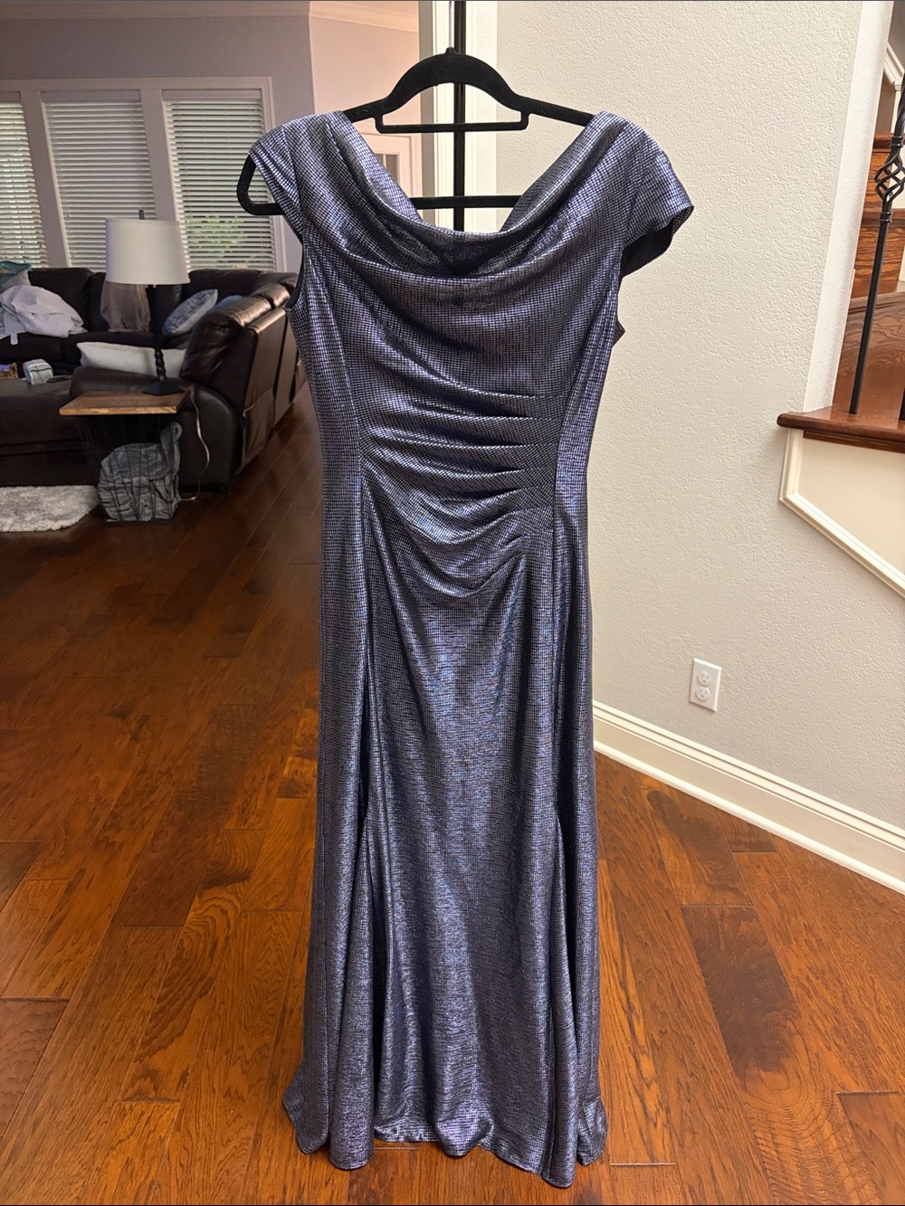 Elegant Metallic Navy Blue Cowl Neck Evening Dress